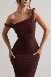 Chocolate Brown Twisted Asymmetric Midi Dress